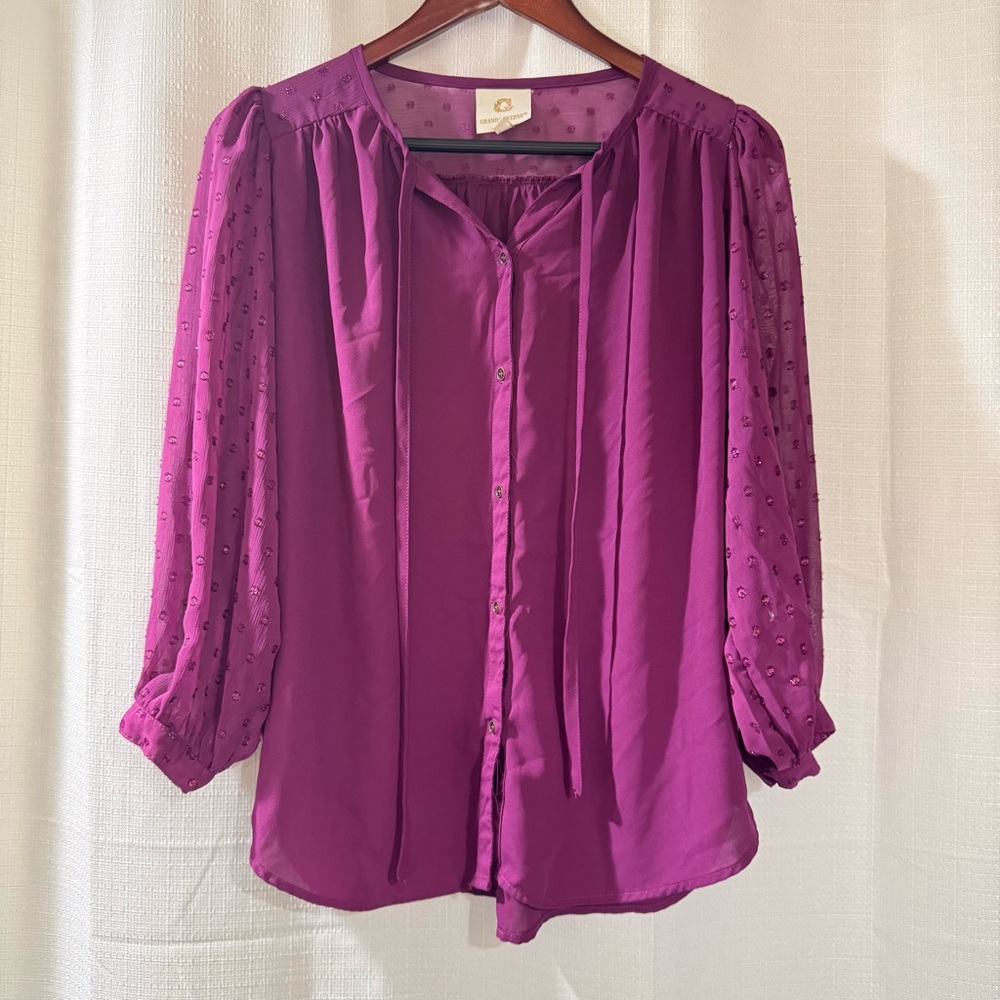 Grand & Greene Purple Swiss Dot Sheer Sleeve Blouse Size Small Boho Romantic Top